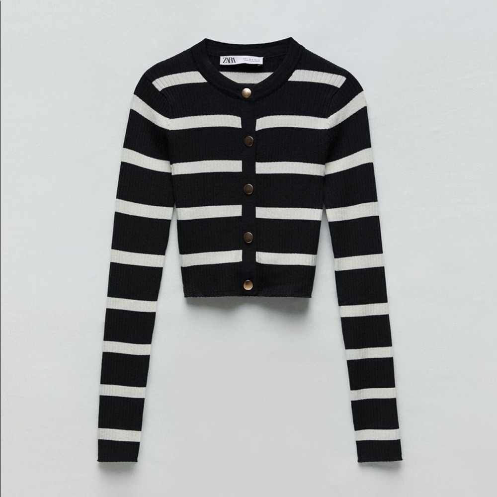 ZARA NWT Navy Blue & White Striped Ribbed Cardigan